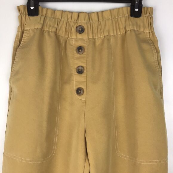 Zara High Rise Paperbag Waist Pull On Elastic Pants Crop Yellow Pockets Medium - Picture 2 of 7
